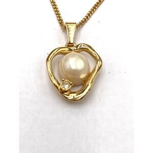 AVON Vintage Necklace Chain Abstract Heart Pendant Faux Pearl Rhinestone 16”